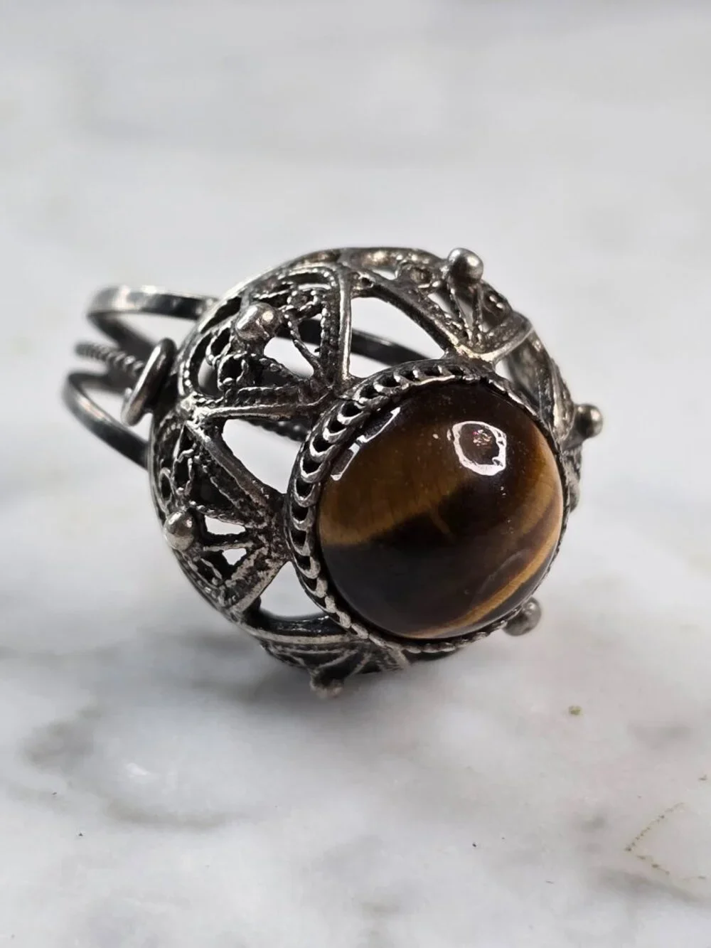 Womens Vintage Estate Sterling Silver Tigers Eye Cocktail Ring 7.1g E4110
